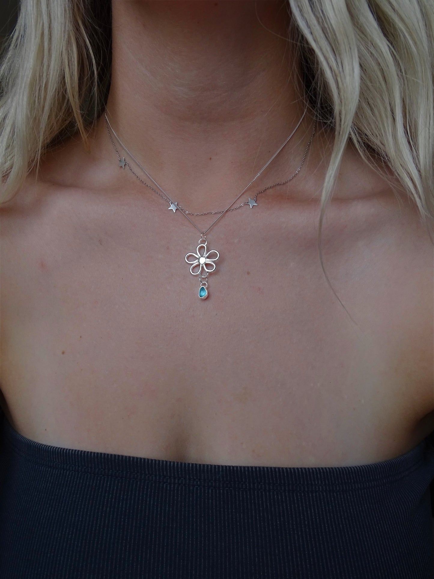 blue seaglass flower pendant