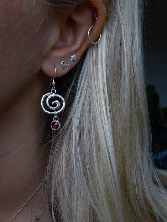 garnet organic spiral earrings