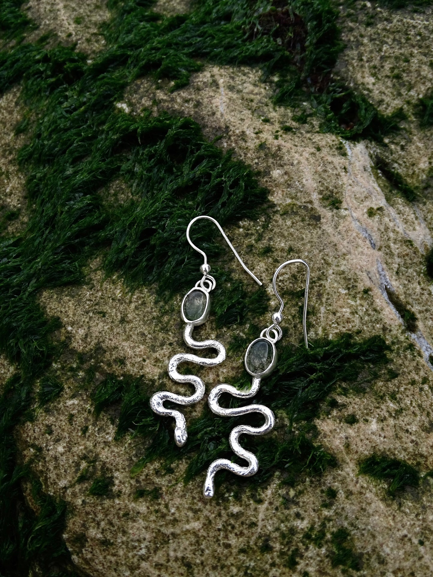 moss agate snake earrings