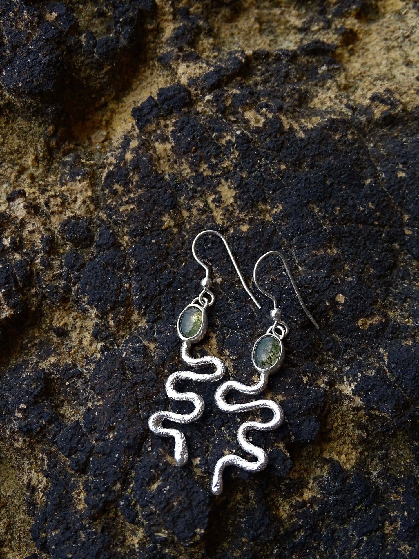 moss agate snake earrings