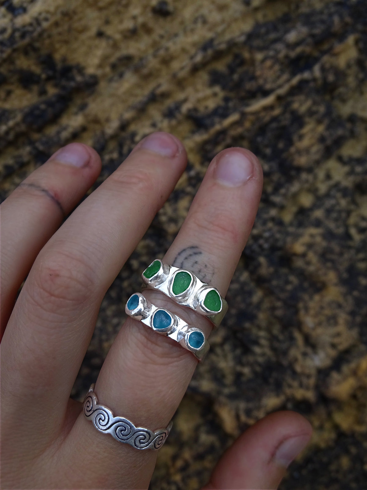 triple seaglass rings
