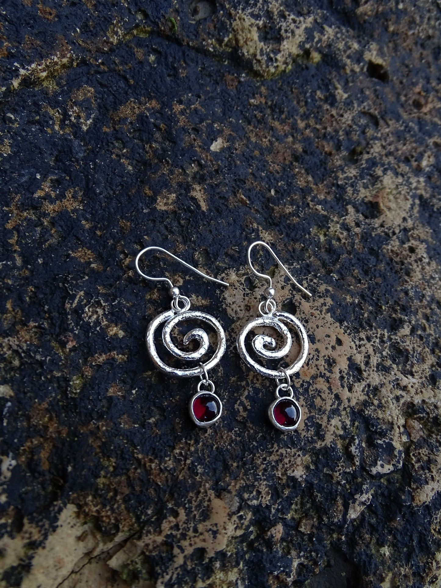garnet organic spiral earrings