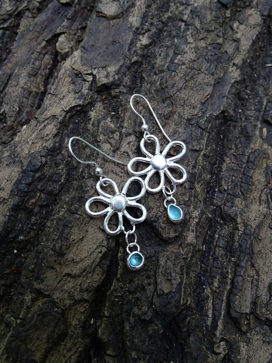blue seaglass flower earrings