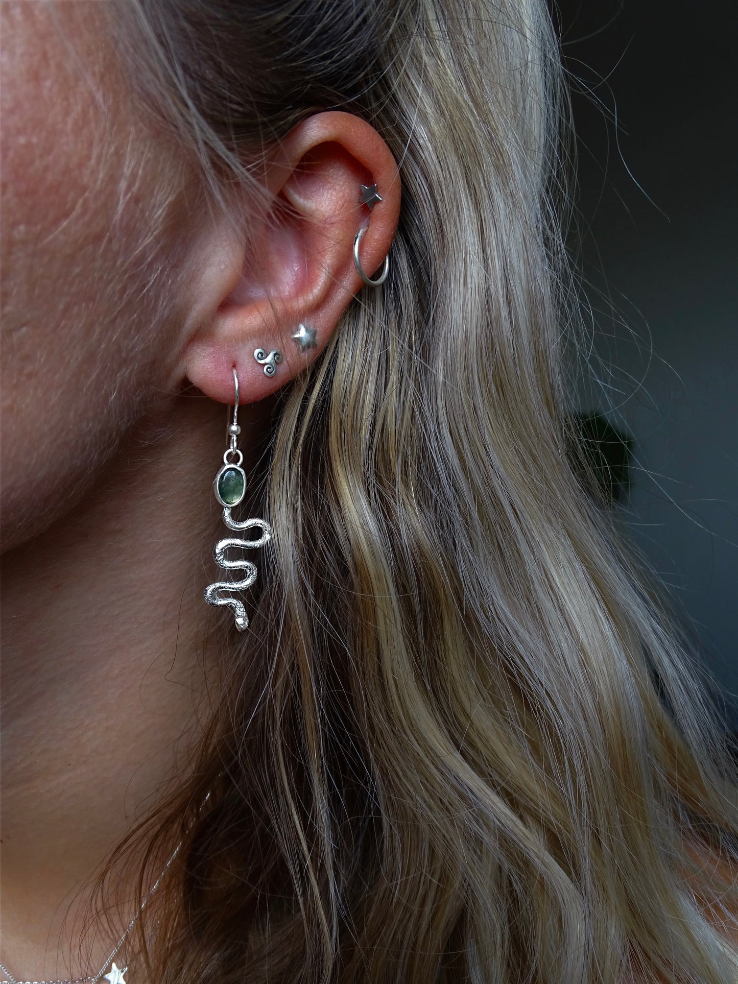 moss agate snake earrings